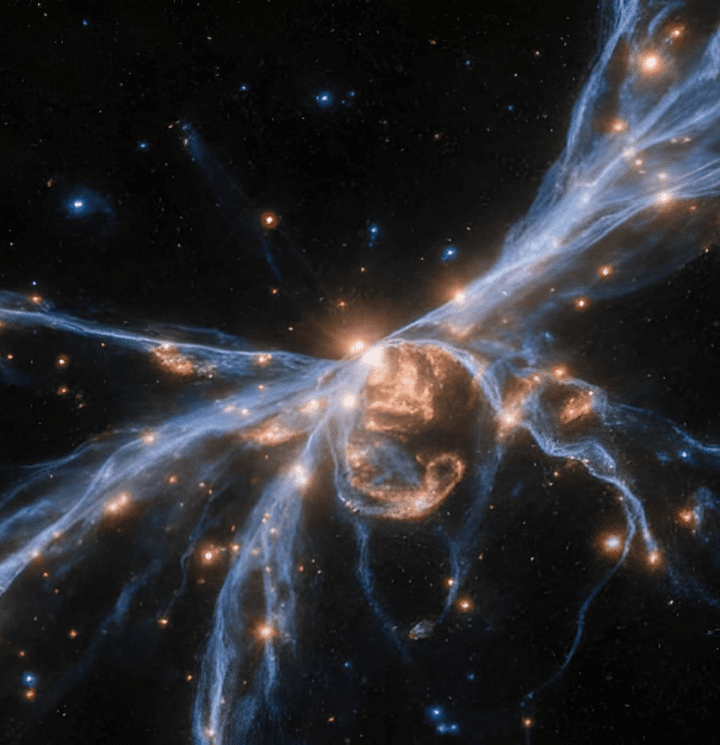 Colorful nebula with bright stars in space.
