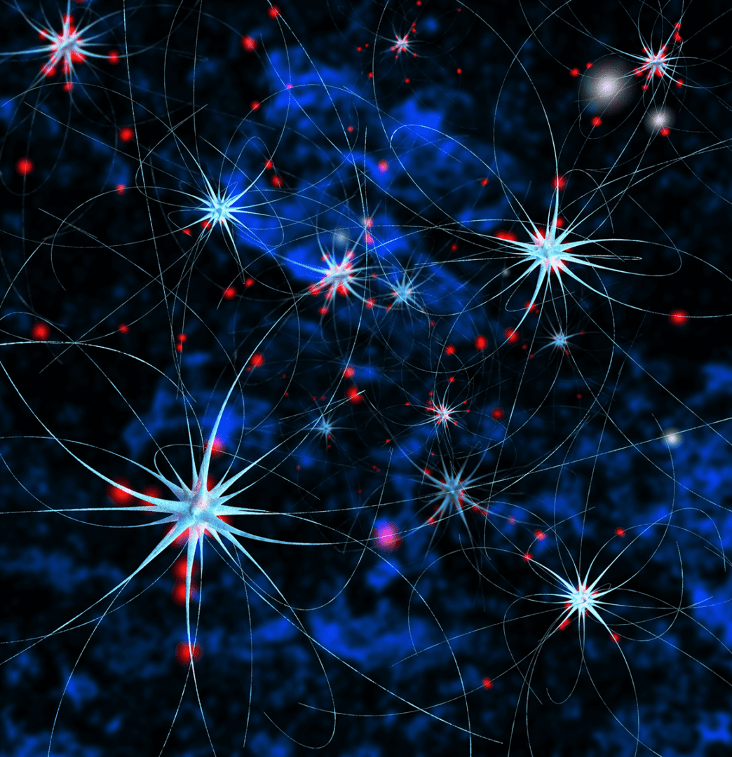 Abstract blue and red cosmic starburst pattern.