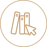 Books with a cursor icon inside circle.
