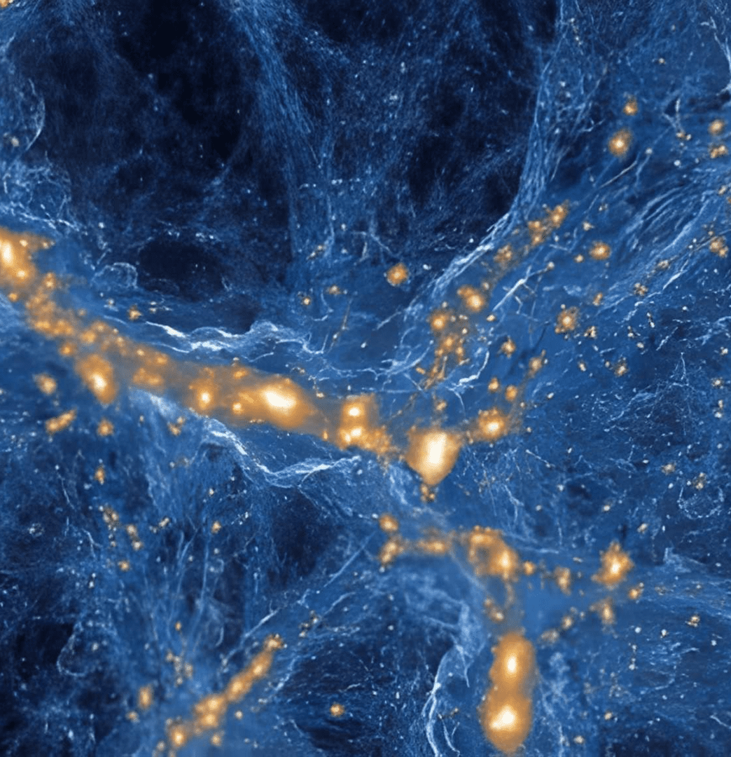 Blue cosmic web with glowing orange nodes.