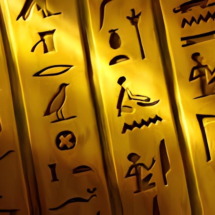 Golden Egyptian hieroglyphs illuminated with light.