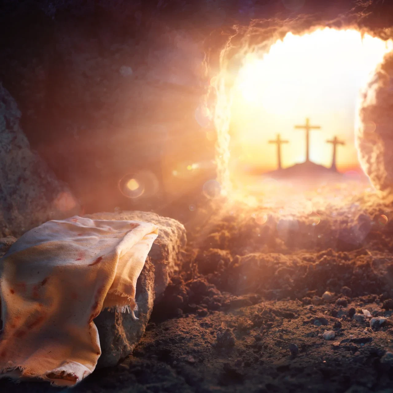 Empty tomb with three crosses in background.