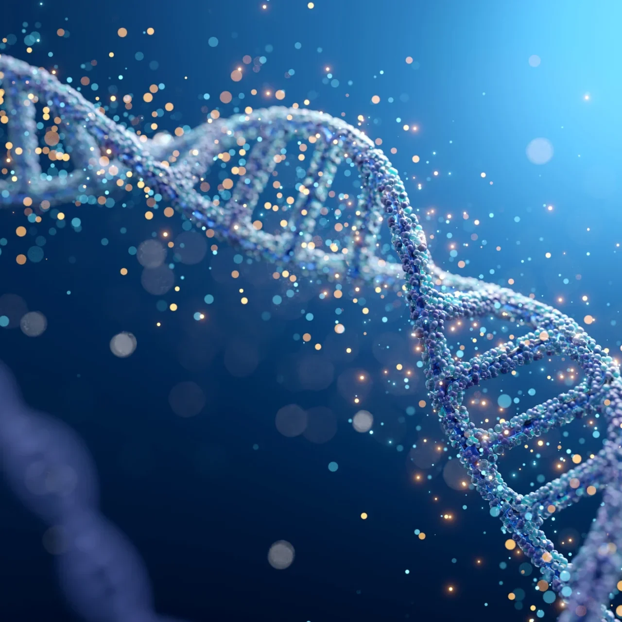 DNA strand with glowing particles.