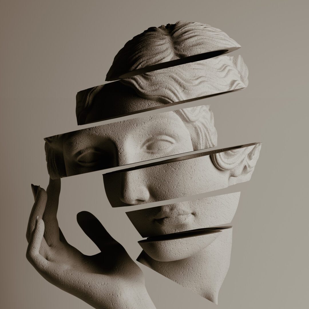 Fragmented classical sculpture with hand detail.