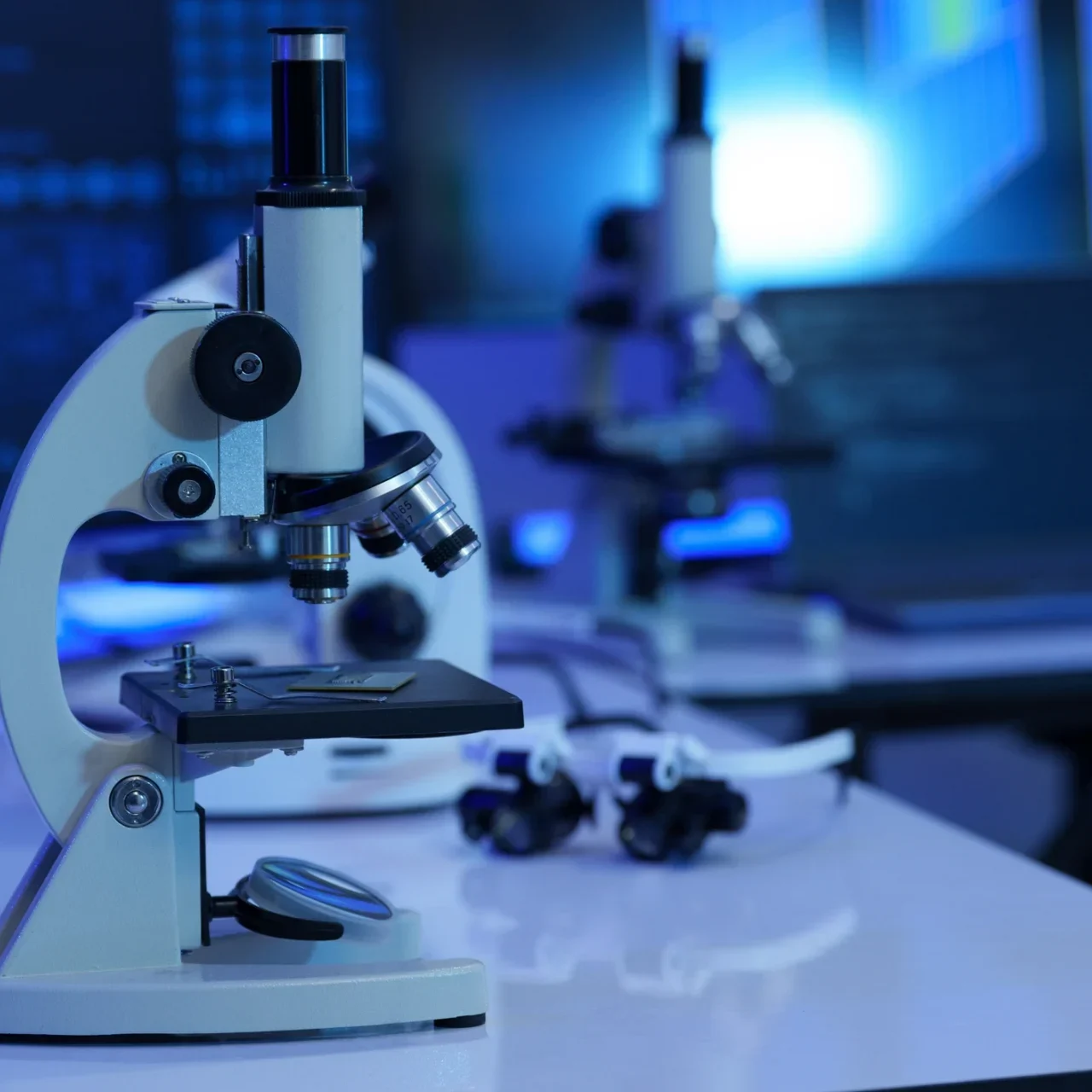 Microscope on laboratory desk with equipment.