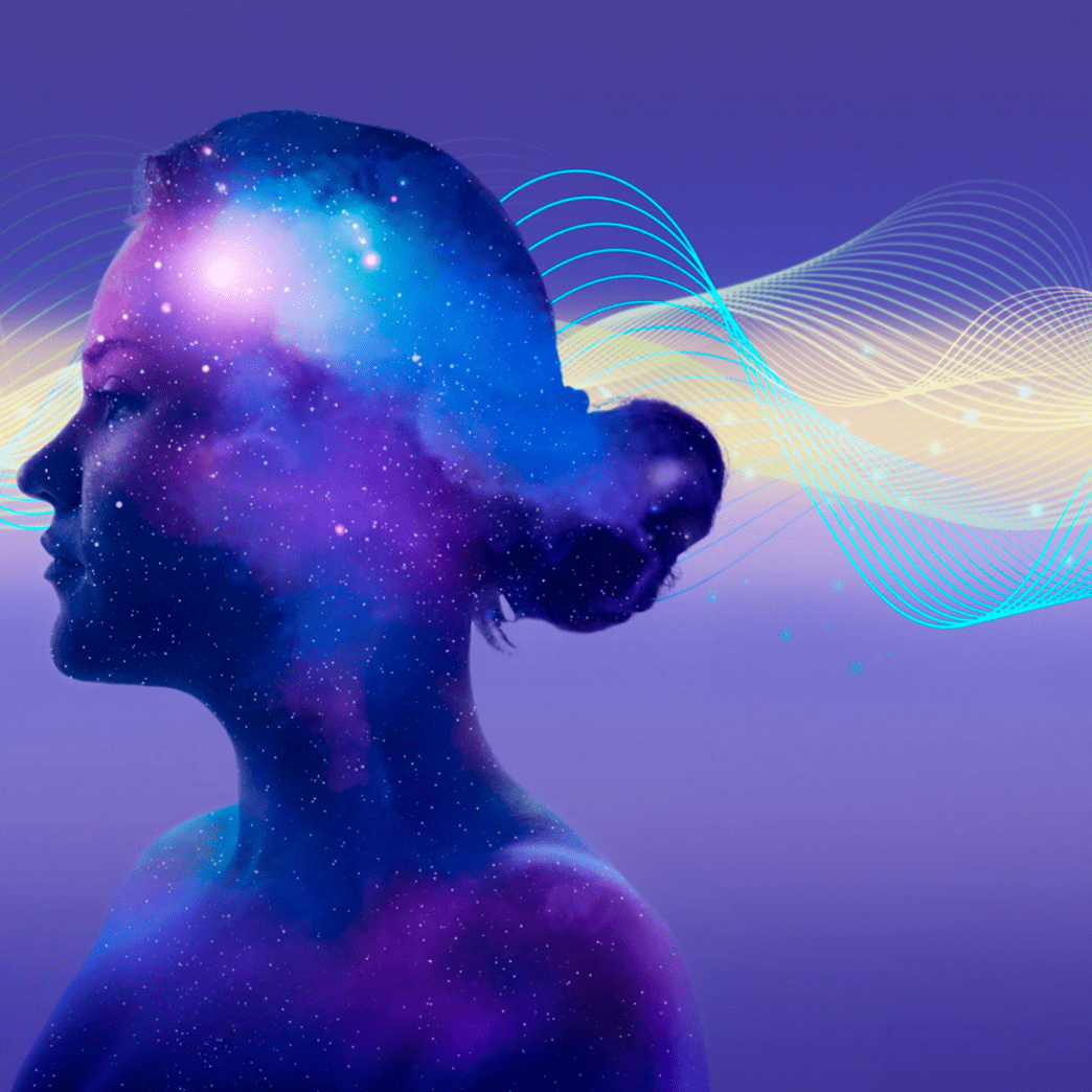 Silhouette with cosmic design and flowing waves.