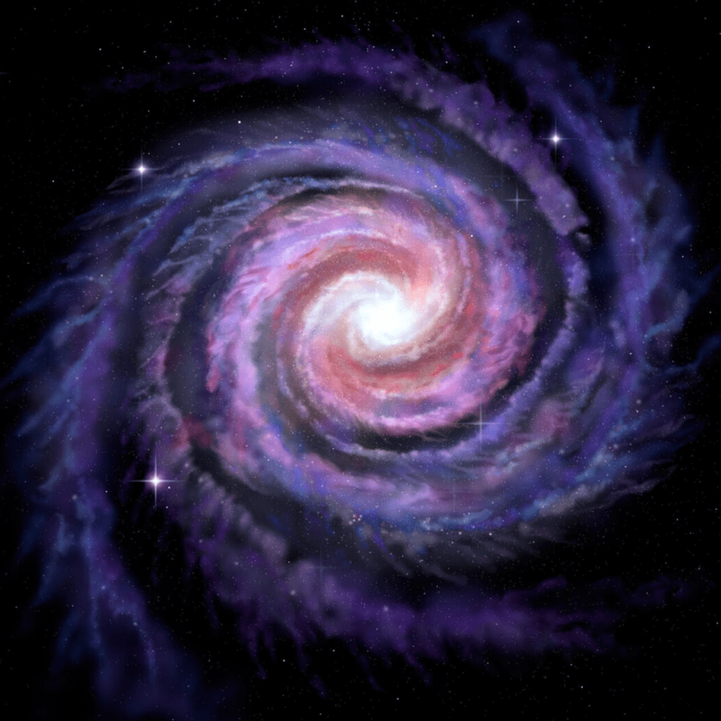 Spiral galaxy with vibrant purple and blue.